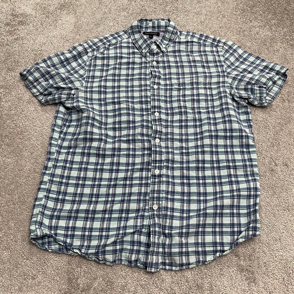 Banana Republic Linen Blend Shirt Mens Large Blue Plaid Short Sleeve Casual Top